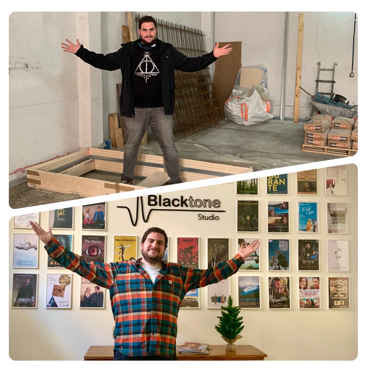 Two photographs of Álvaro de Iscar: in the foley pit during construction and in front of the Blacktone Studio credit wall after the studio was completed.
