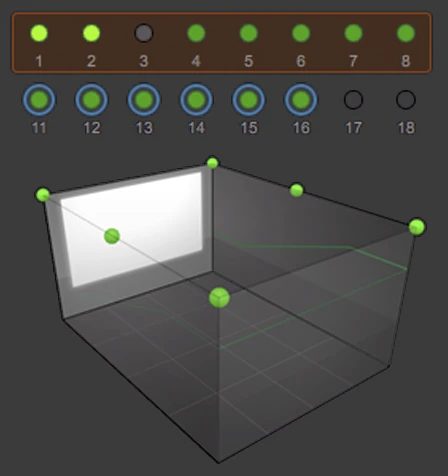 Dolby Atmos room diagram showing bed speakers and ceiling objects