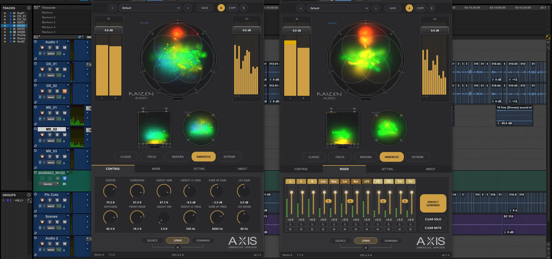 Two AXIS Upmixer instances open in a Pro Tools immersive session