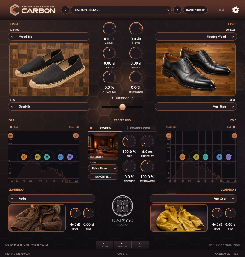 Foley Collection CARBON interface: two footstep decks with surface and shoe, crossfader, per-deck EQ, reverb and compressor, and two clothing decks