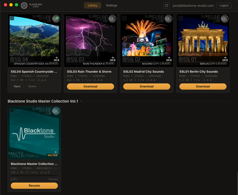 Kaizen Audio Manager library view with Surround Sound Lab volumes and the Blacktone Studio Master Collection