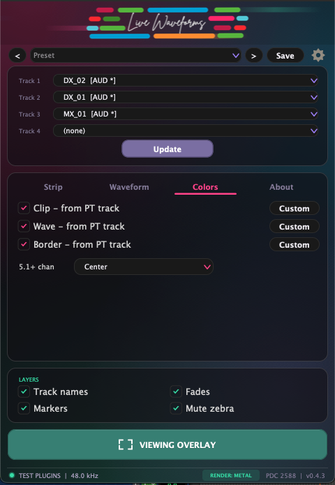 Live Waveforms Colors tab with Pro Tools track color inheritance and multichannel source controls