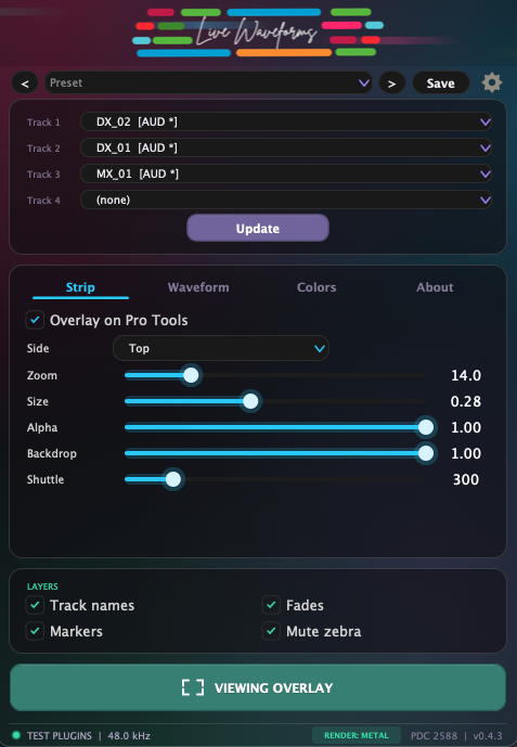 Live Waveforms Strip tab with overlay position, time zoom, size, transparency, backdrop and shuttle controls