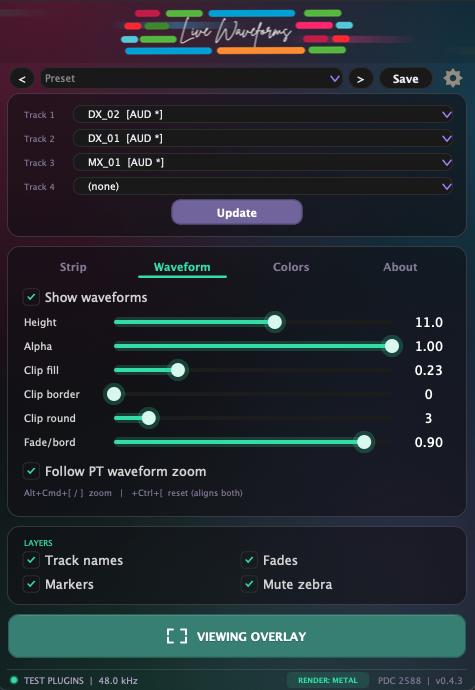 Live Waveforms Waveform tab with waveform, clip, border and fade display controls