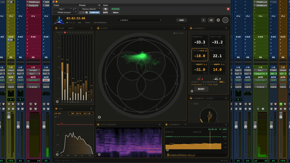 PRISM Analyzer open over the Pro Tools mixer