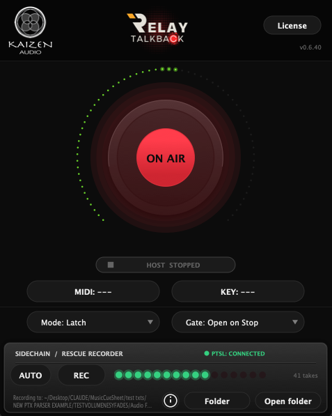 Relay Talkback interface: ON AIR button with its level ring, transport pill, MIDI and KEY trigger buttons, Mode and Gate selectors, and the Rescue Recorder strip