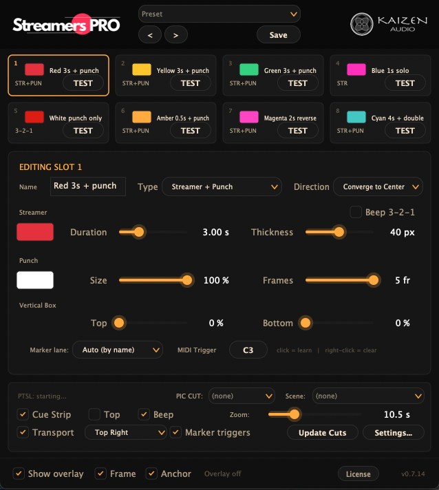 Streamers Pro plugin interface — the 8 cue boxes and the edit panel