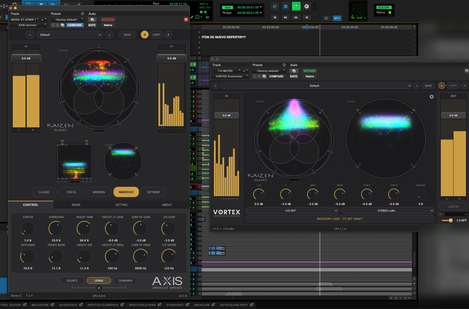 AXIS Upmixer and VORTEX Downmixer open side by side on the same session, the upmix on the left and the fold on the right.