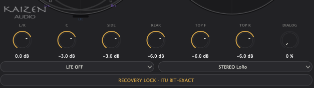 VORTEX group trims: L/R, C, SIDE, REAR, TOP F, TOP R and DIALOG, each showing its value in dB, with LFE OFF, STEREO LoRo and the Recovery Lock bar reading ITU bit-exact.